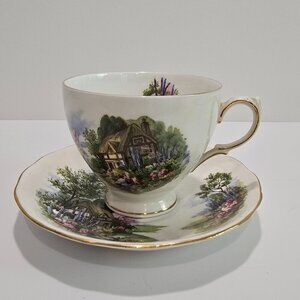 Royal Vale - Cottage Scene Bone China Vintage Tea Cup & Saucer, Pattern #7382​​